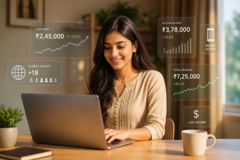Young Indian woman earning money online without investment from home on a laptop in 2026
