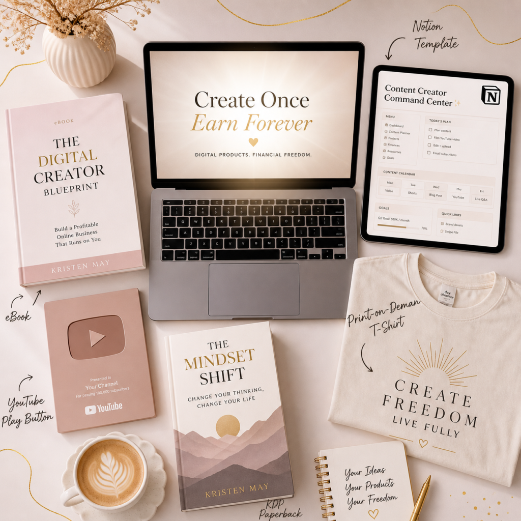 Digital products for passive income in India including eBooks, Notion templates, and Amazon KDP paperbacks