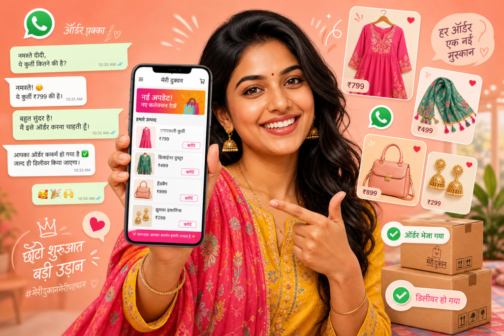 Indian woman reselling products on Meesho and WhatsApp to earn money online without investment