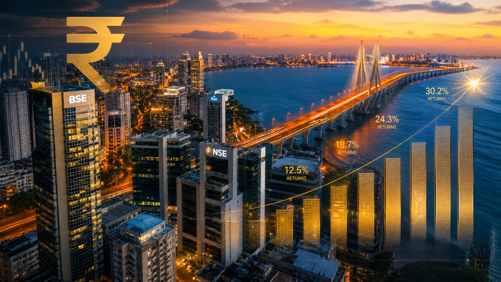 Mumbai financial district skyline at golden hour representing safe investments with high returns in India 2026 and 2027