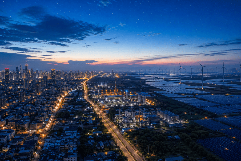 Suzlon Energy India energy transition 2047 — wind farms solar parks and urban skyline connected by clean energy infrastructure