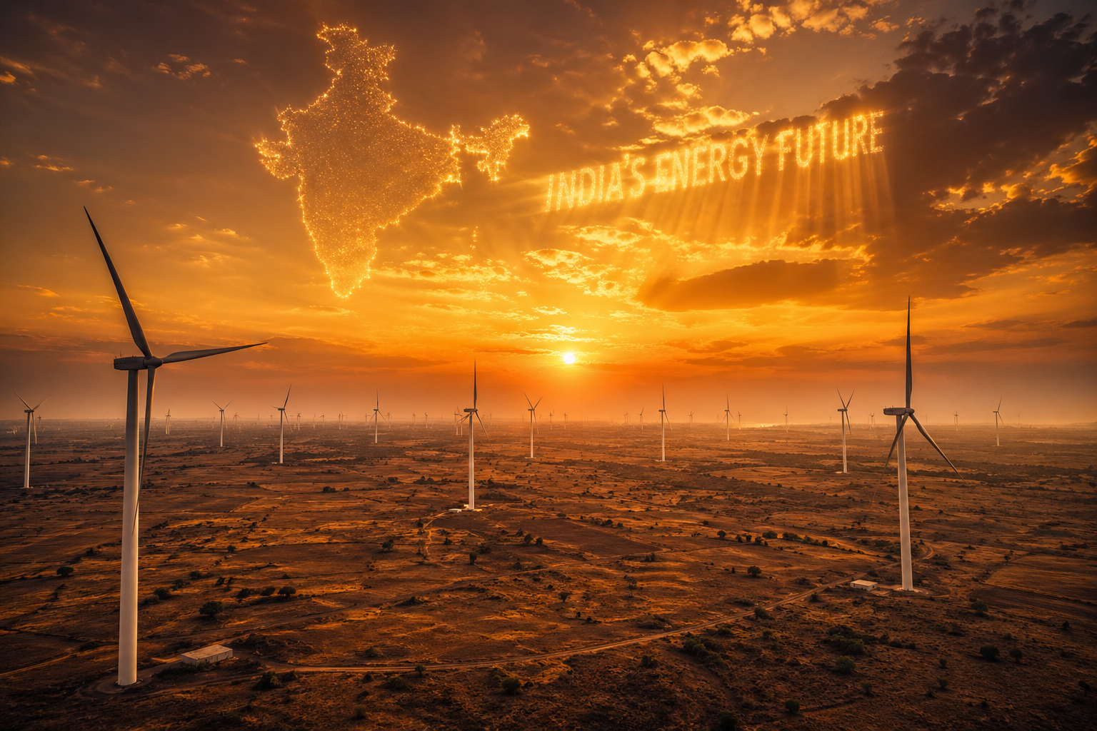 Suzlon Energy wind farm aerial view at golden hour in Rajasthan, India — 2026 renewable energy boom