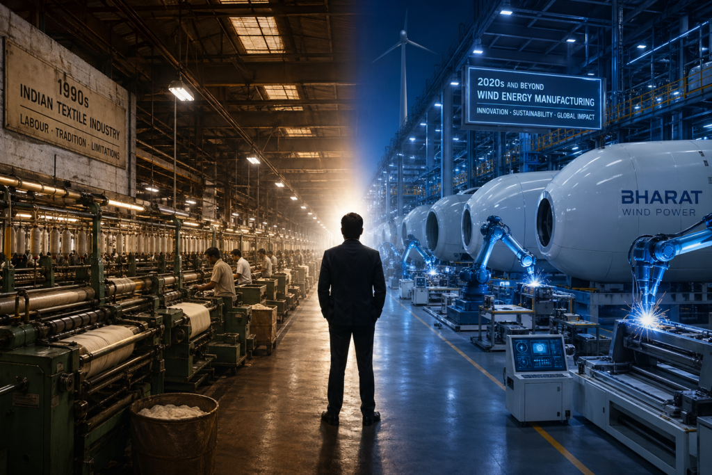 Suzlon Energy origin story — transformation from textile factory to wind turbine manufacturing in India, founded 1995
