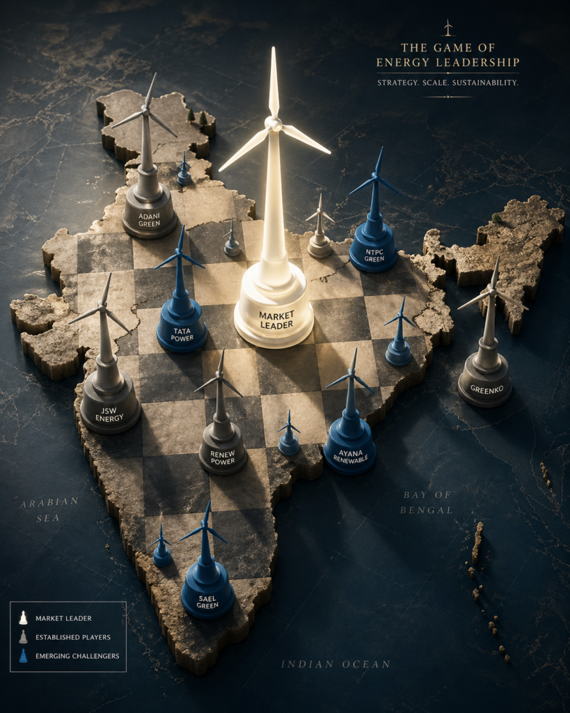 Suzlon Energy vs Inox Wind competitive landscape — India wind turbine market share chess strategy illustration 2026