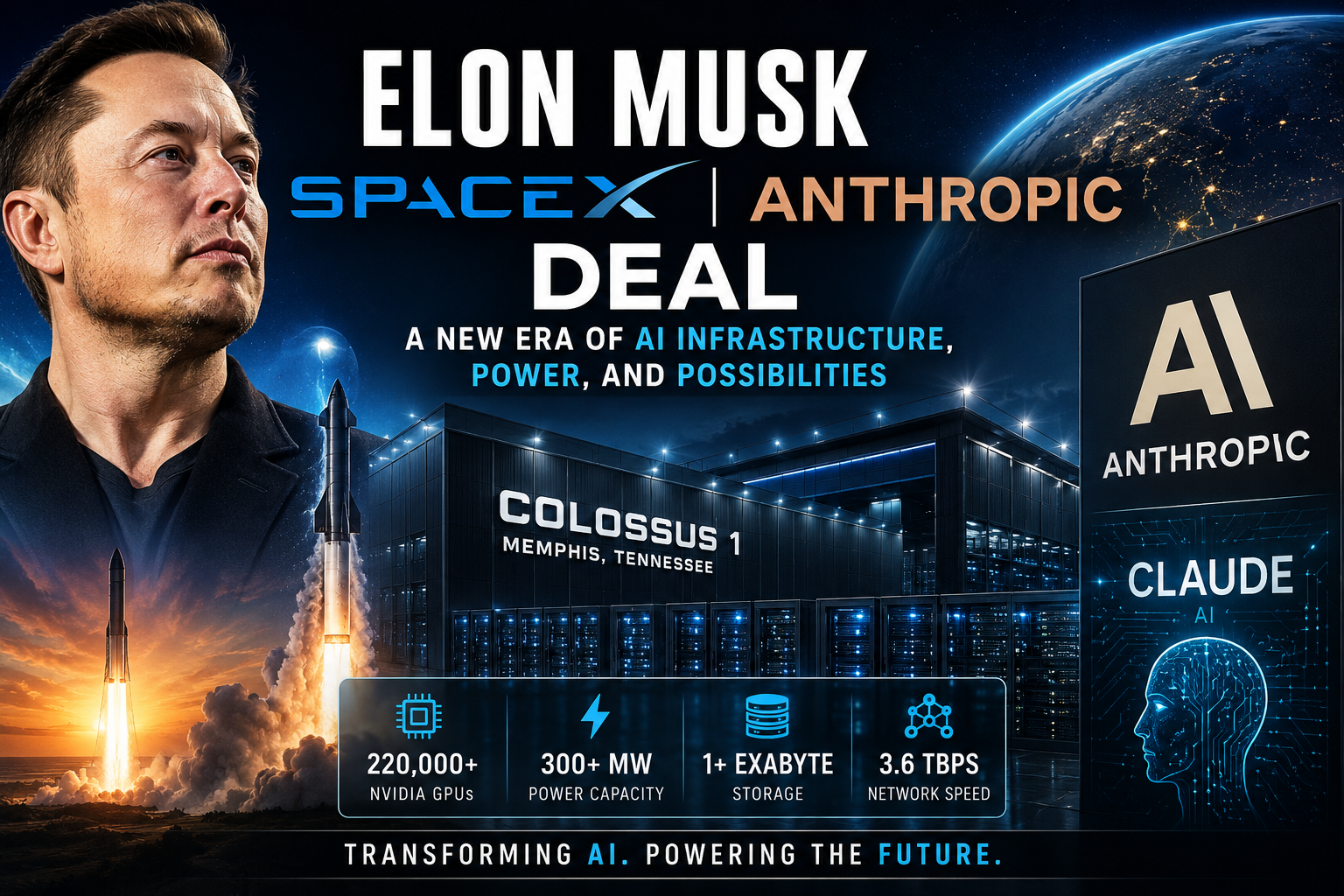 Elon Musk SpaceX Anthropic deal AI infrastructure featured image showing Colossus supercomputer, rockets, Claude AI, and futuristic data centers